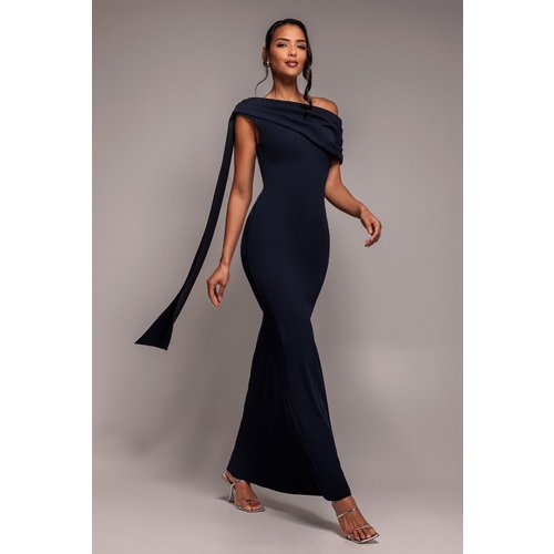 Goddiva Sash One Shoulder Bardot Maxi Dress - Navy Blue