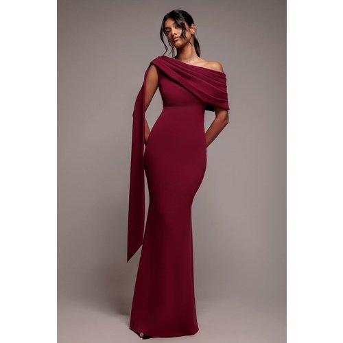 Goddiva Sash One Shoulder Bardot Maxi Dress - Burgundy