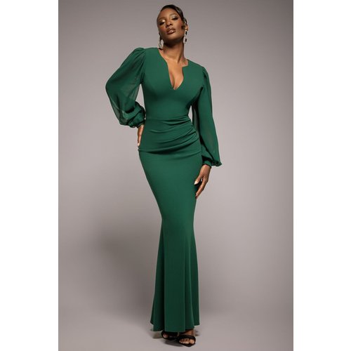 Goddiva Chiffon Cuffed Balloon Sleeve Scuba Maxi Dress - Emerald Green