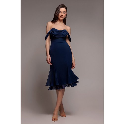 Goddiva Chiffon Cowl Off Shoulder Wing Tiered Midi Dress - Navy Blue