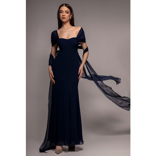 Goddiva Multiway Cape Chiffon Sweetheart Maxi Dress - Navy Blue