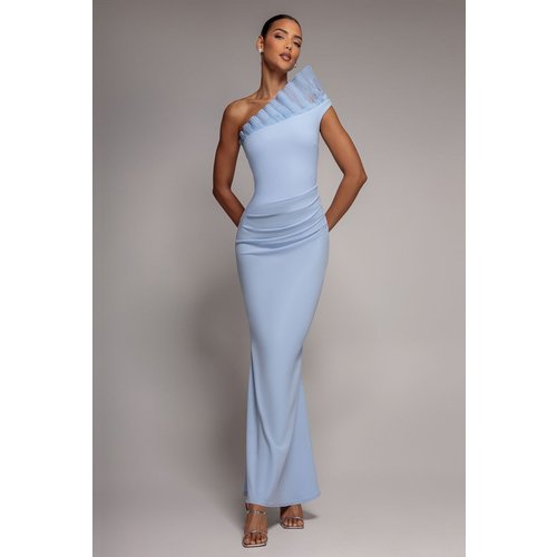 Goddiva One Shoulder Organza Frill Pleated Mermaid Maxi Dress - Powder Blue