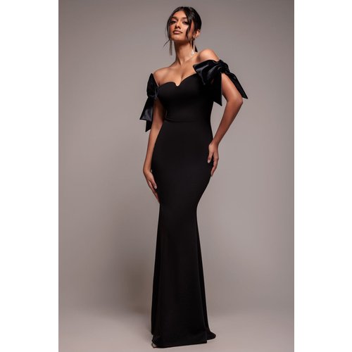 Goddiva Scuba Off The Shoulder Velvet Bow Maxi Dress - Black