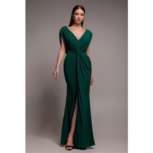 Goddiva Cowl Plunge Draped Mermaid Maxi Dress - Emerald Green