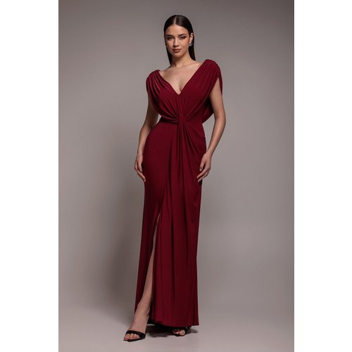 Goddiva Cowl Plunge Draped Mermaid Maxi Dress - Wine