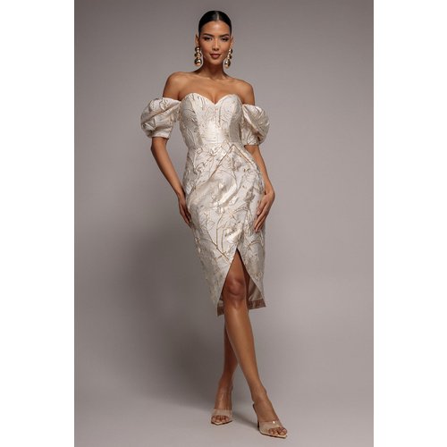 Goddiva Puff Sleeve Sweetheart Midi Dress - Cream