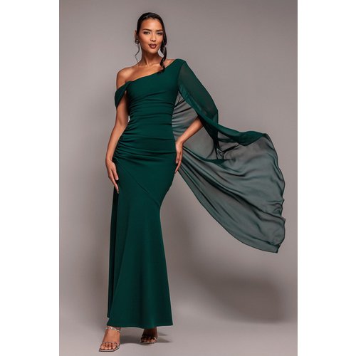 Goddiva One Shoulder Cape Scuba & Chiffon Maxi Dress - Emerald Green