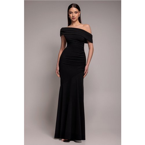Goddiva Pleated One Shoulder Bardot Fit And Flare Maxi Dress - Black