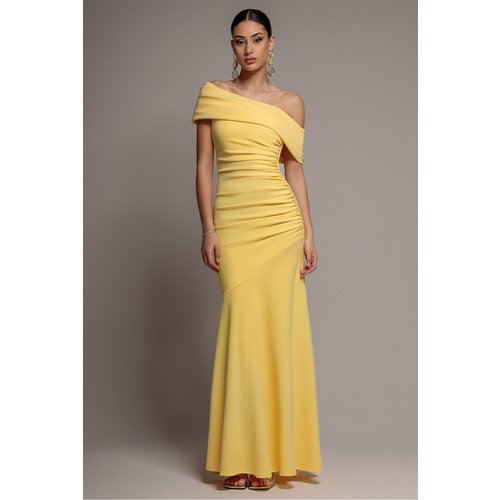 Goddiva Pleated One Shoulder Bardot Fit And Flare Maxi Dress - Butter Yellow