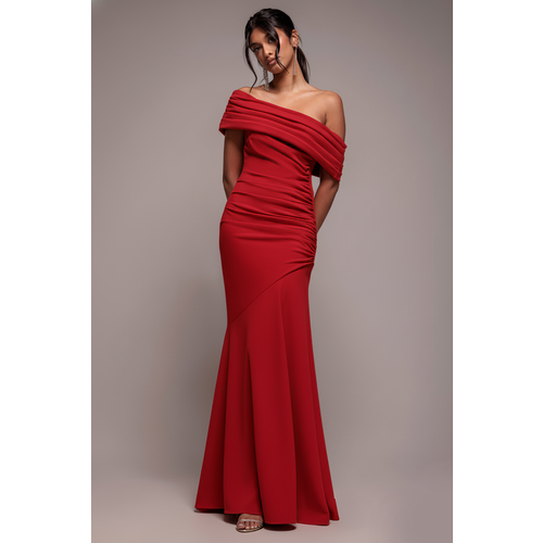 Goddiva Pleated One Shoulder Bardot Fit And Flare Maxi Dress - Red