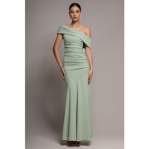 Goddiva Pleated One Shoulder Bardot Fit And Flare Maxi Dress - Sage Green
