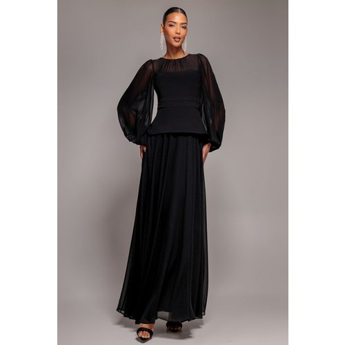 Goddiva Bishop Sleeve Peplum Top Scuba Crepe And Chiffon Maxi Dress - Black