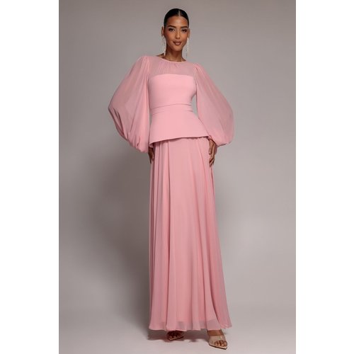 Goddiva Bishop Sleeve Peplum Top Scuba Crepe And Chiffon Maxi Dress - Blush Pink