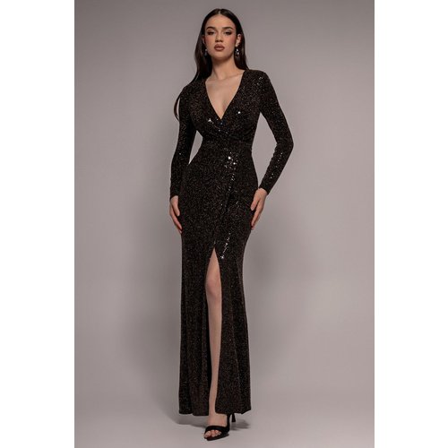 Goddiva Glitter Lurex Long Sleeve Wrap Maxi Dress - Black