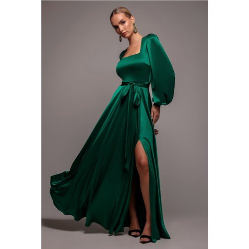 Goddiva Satin Square Neck Bishop Sleeve A Line Maxi Dress - Emerald Green