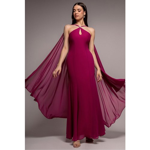 Goddiva Multiway Cape Chiffon With Embellished Trim Maxi Dress - Magenta