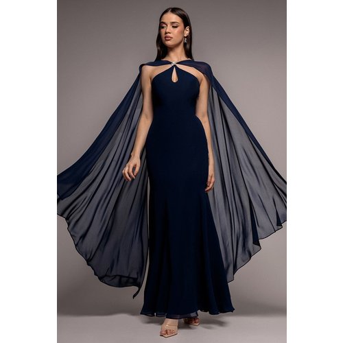 Goddiva Multiway Cape Chiffon With Embellished Trim Maxi Dress - Navy Blue