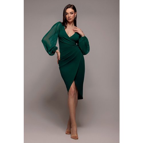 Goddiva Scuba & Chiffon Balloon Sleeve Wrap Midi Dress - Emerald Green