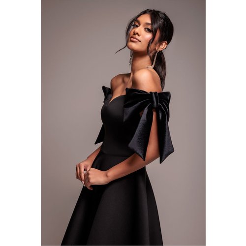 Goddiva Scuba Off The Shoulder Velvet Bow Skater Midi Dress - Black