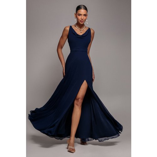 Goddiva Chiffon Cowl Twisted Rope Strap Lace-up Flared Maxi Dress - Navy Blue