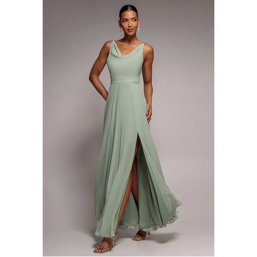 Goddiva Chiffon Cowl Twisted Rope Strap Lace-up Flared Maxi Dress - Sage Green
