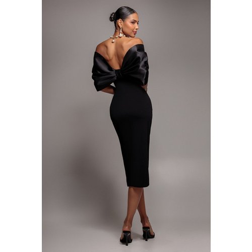 Goddiva Off Shoulder Back Satin Bow Wrap Crepe Midi Dress - Black