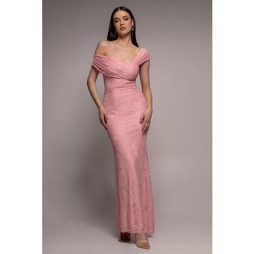 Goddiva One Shoulder Pleated Bardot Lace Maxi Dress - Blush Pink