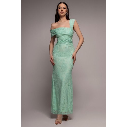 Goddiva One Shoulder Pleated Bardot Lace Maxi Dress - Mint Green