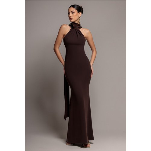 Goddiva Scuba & Velvet Satin Halterneck Maxi Dress With Back Sash - Brown