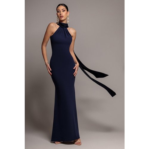 Goddiva Scuba & Velvet Satin Halterneck Maxi Dress With Back Sash - Navy Blue