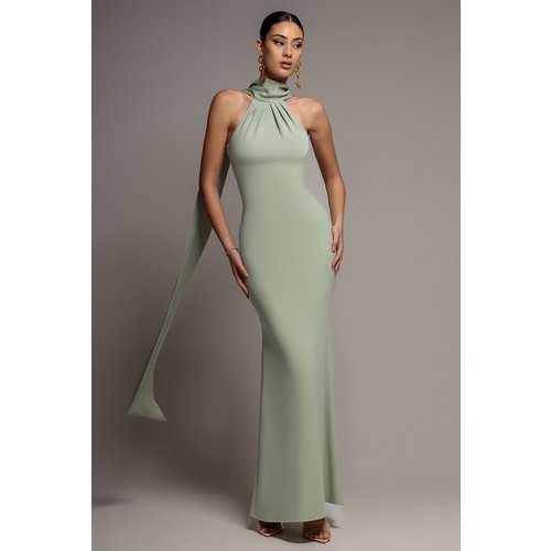 Goddiva Scuba & Velvet Satin Halterneck Maxi Dress With Back Sash - Sage Green