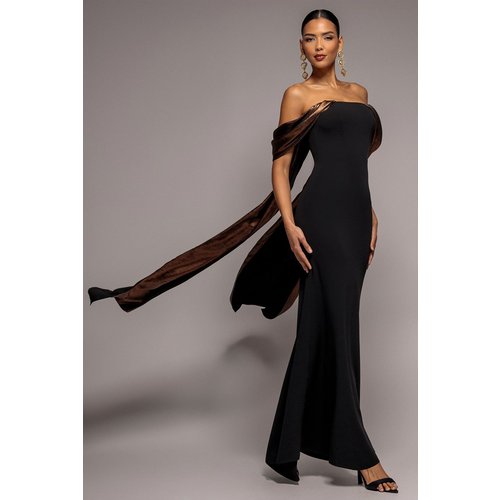 Goddiva Off The Shoulder Mirror Foil Angel Wing Cape Maxi Dress - Black