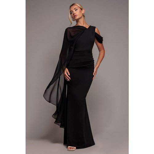 Goddiva One Shoulder Chiffon Cape Crepe Maxi Dress - Black