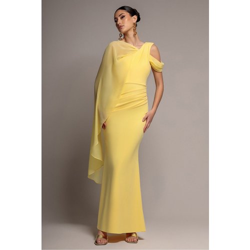 Goddiva One Shoulder Chiffon Cape Crepe Maxi Dress - Butter Yellow