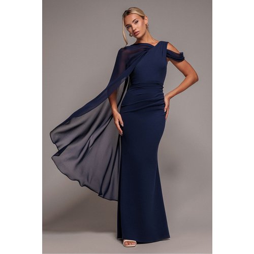 Goddiva One Shoulder Chiffon Cape Crepe Maxi Dress - Navy Blue