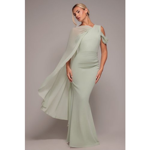 Goddiva One Shoulder Chiffon Cape Crepe Maxi Dress - Sage Green