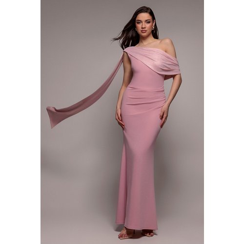 Goddiva Lurex Pleated Bardot One Shoulder Cape Maxi Dress - Blush Pink