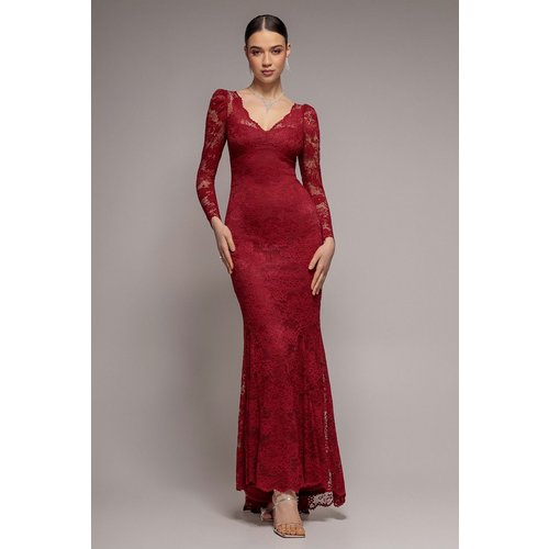 Goddiva Fit & Flare Scallop Lace V Neck Maxi Dress - Burgundy