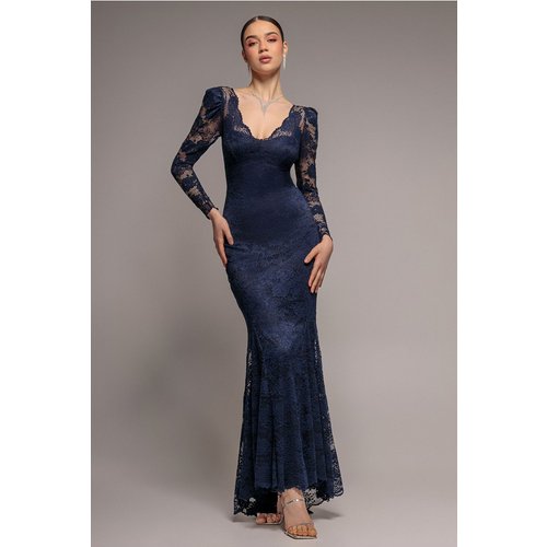 Goddiva Fit & Flare Scallop Lace V Neck Maxi Dress - Navy Blue