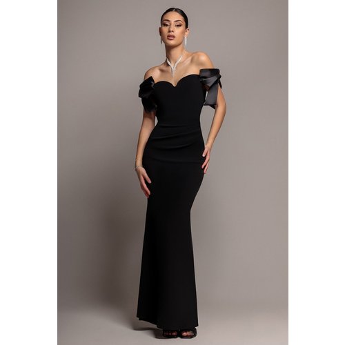 Goddiva Satin Bow Bardot Sheath Maxi Dress - Black