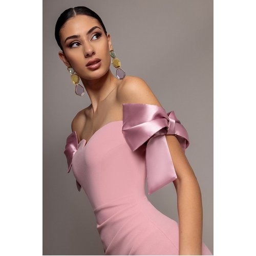 Goddiva Satin Bow Bardot Sheath Maxi Dress - Blush Pink