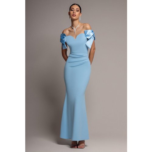 Goddiva Satin Bow Bardot Sheath Maxi Dress - Ice Blue