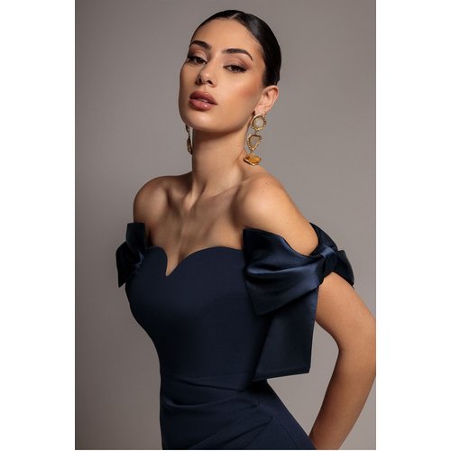 Goddiva Satin Bow Bardot Sheath Maxi Dress - Navy Blue