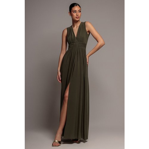 Goddiva Gathered Shoulder Wrap Neck Draped Waist Maxi Dress - Khaki