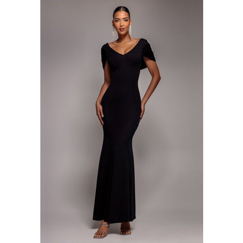 Goddiva V Neck Cowl Back Pleated Sleeve Scuba Maxi Dress - Black