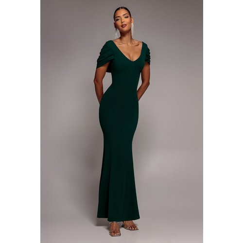 Goddiva V Neck Cowl Back Pleated Sleeve Scuba Maxi Dress - Emerald Green