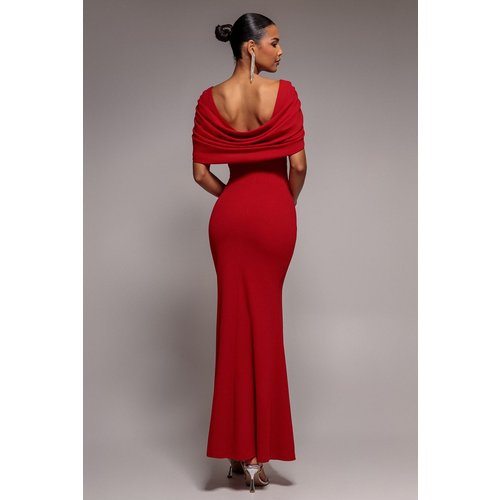 Goddiva V Neck Cowl Back Pleated Sleeve Scuba Maxi Dress - Red