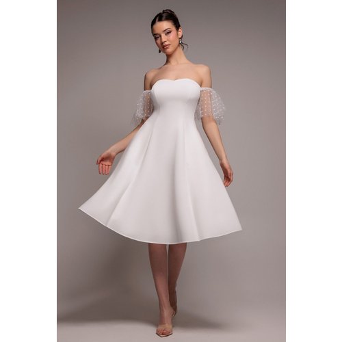 Goddiva Scuba & Polka Mesh Off The Shoulder Midi Dress - White