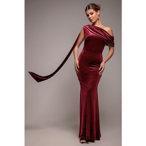 Goddiva Glitter Velvet Sash One Shoulder Bardot Maxi Dress - Wine
