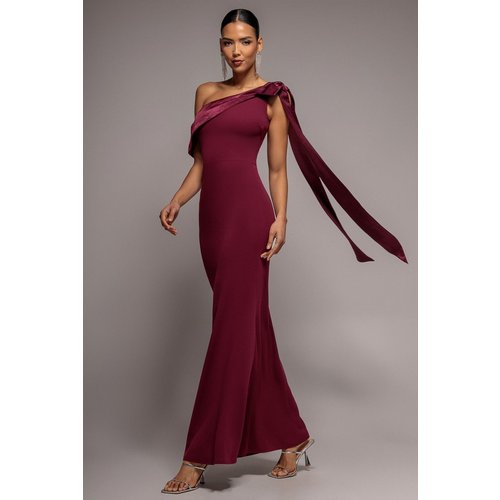 Goddiva One Shoulder Velvet Satin Bow Cape Maxi Dress - Burgundy